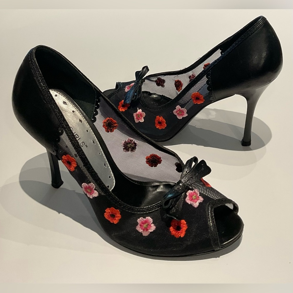 BCBGirls Y2K Style Leather Mesh Floral Bow Peep Toe Stiletto Heels